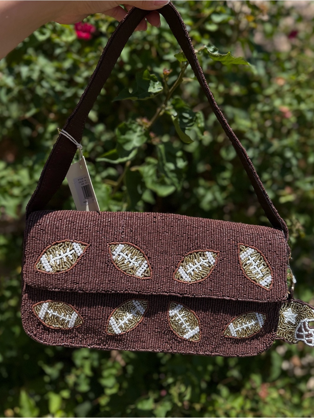 NWT Sol and Mer Football Brown White Fall Beaded Shoulder Bag with Charm